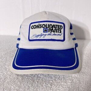 Vintage Blue White Consolidated Parts Mesh Back Snap Back Trucker Hat